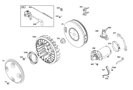 Flywheel, Ignition, And Starter Group Diagram and Parts List for 356447-0641-G1 200000 - 399999 Briggs and Stratton Engine